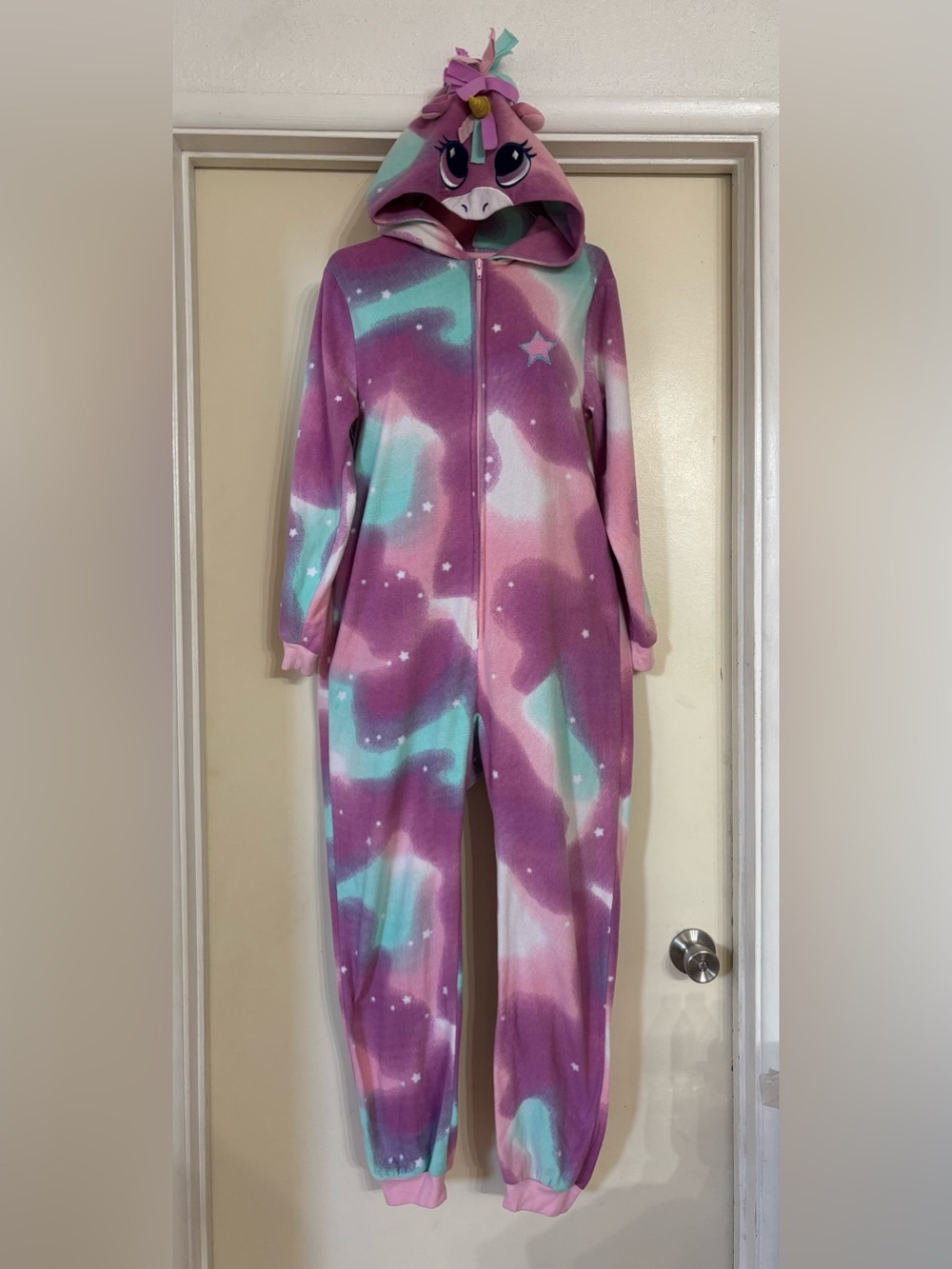 Cat & Jack Purple, Teal & Pink Unicorn Hooded One-Piece Pajamas kids size 10/12